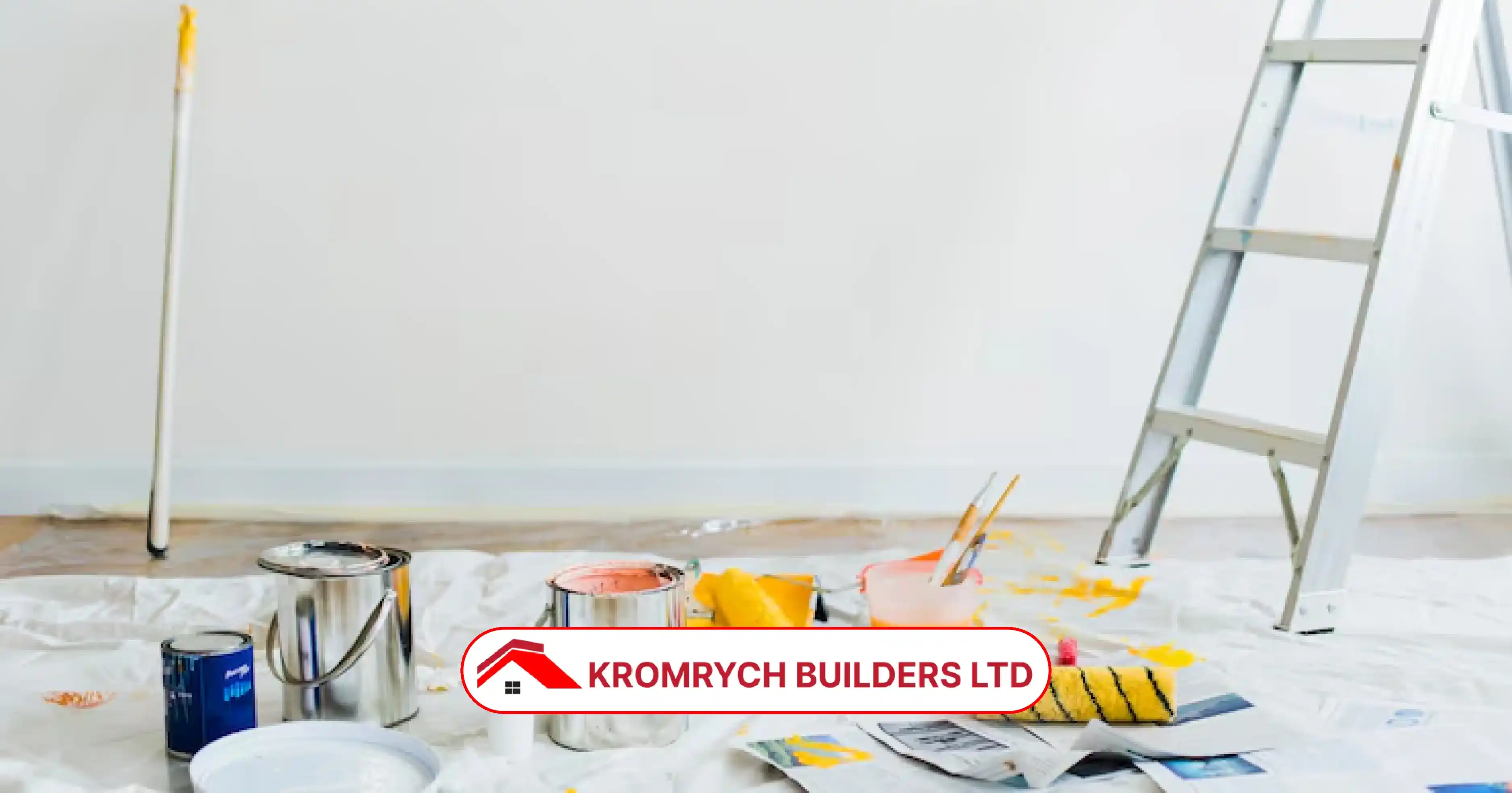 Painting tools and ladder prepared for home interior work by Kromrych Builders Ltd, one of the top painters and decorators in London.